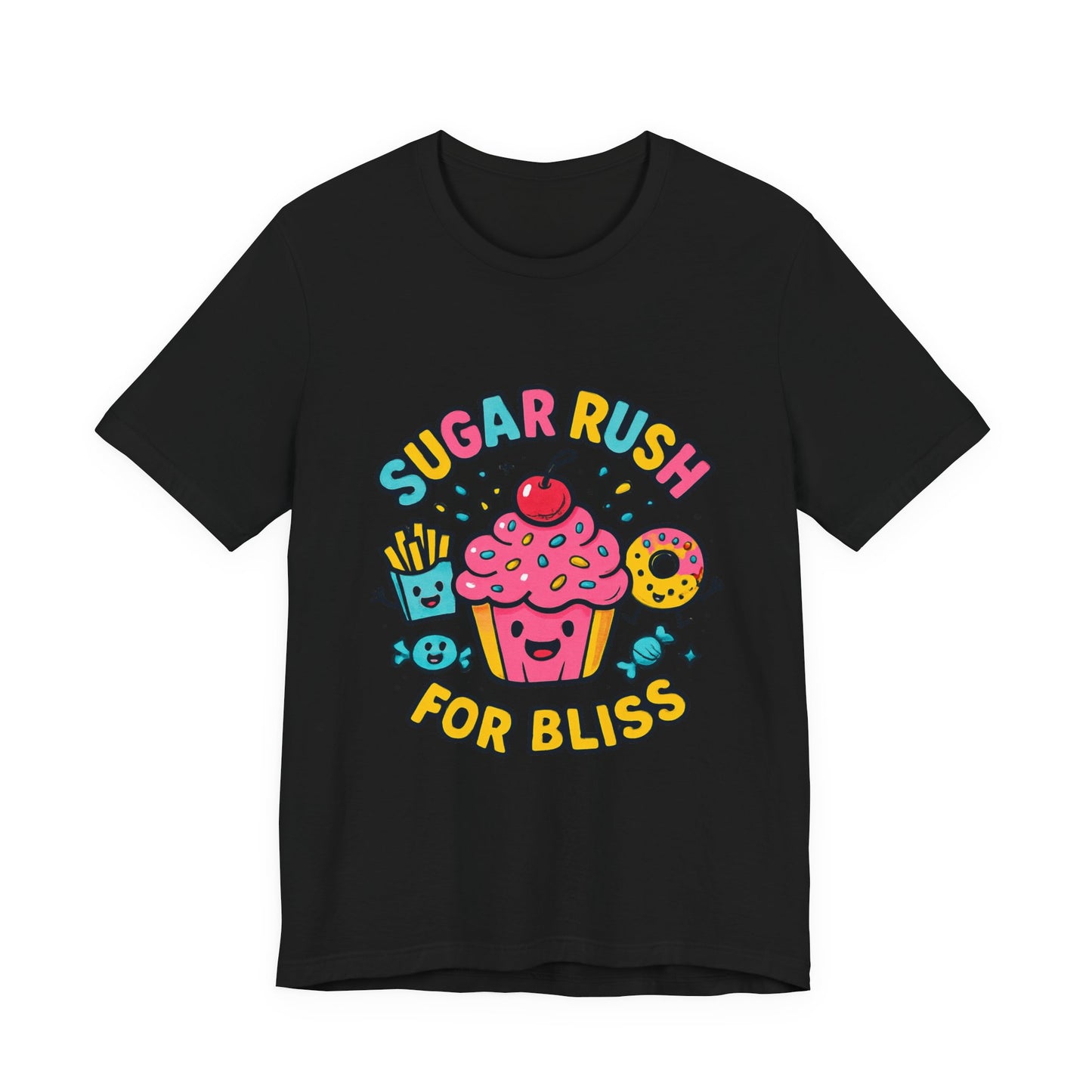 Sugar Rush for Bliss – Cartoon Snack Party Tee | Colorful Cupcake Design | Whimsical Foodie Shirt | Kawaii Vaporwave Candy Aesthetic