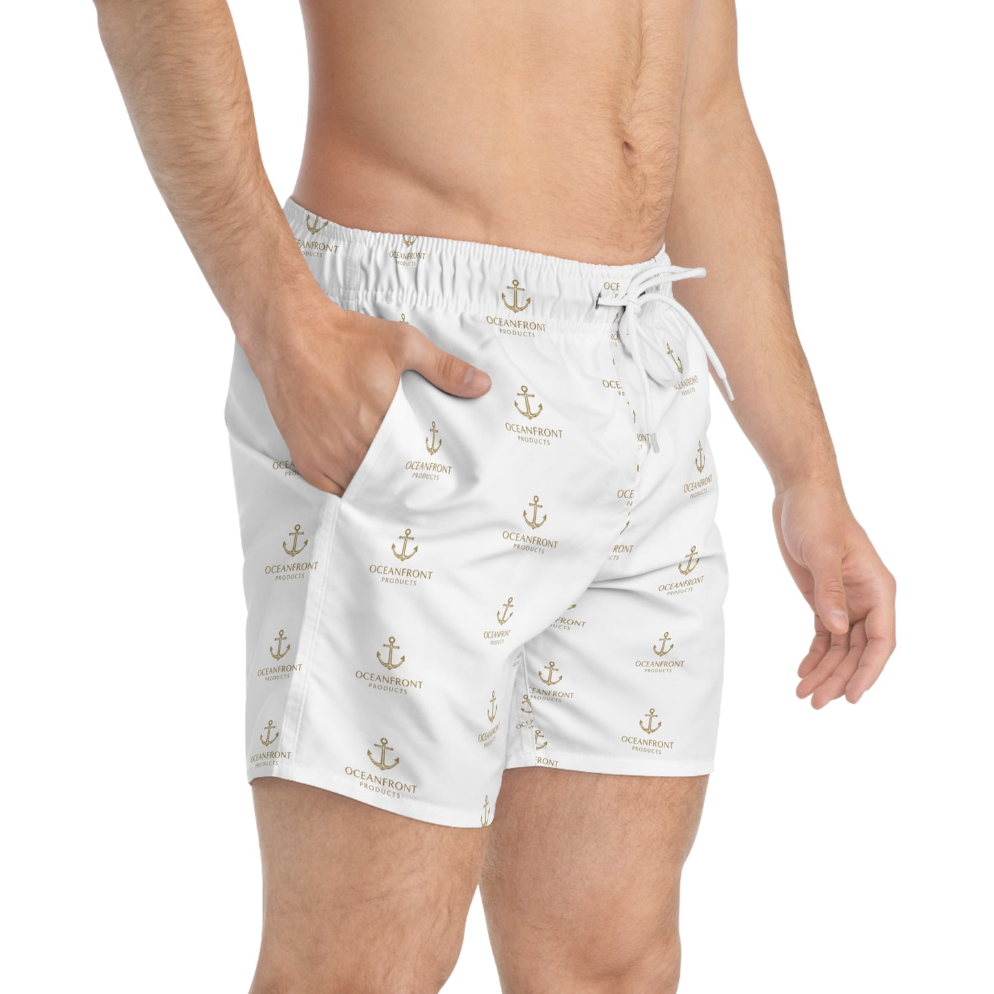 Nautical Anchor Print Swim Trunks – White All-Over Logo Pattern