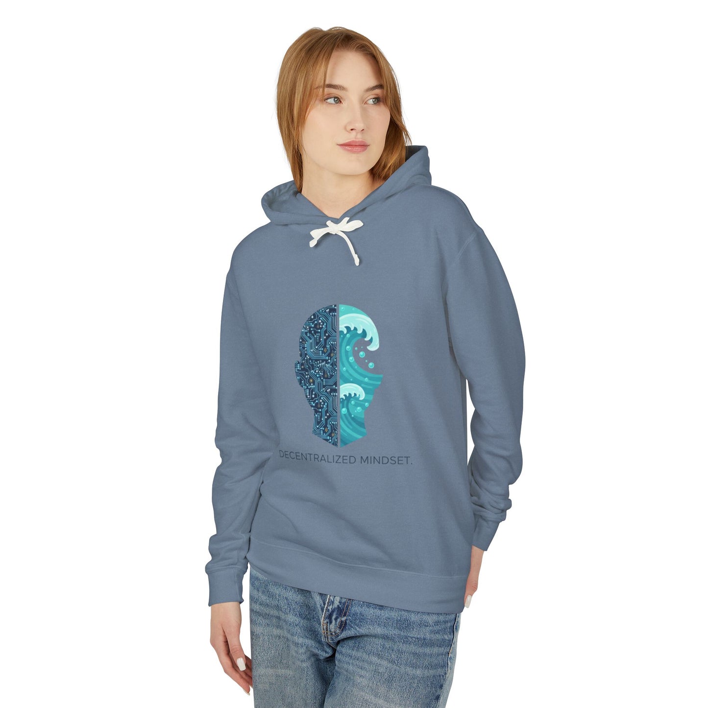 Decentralized Mindset Hoodie — Ocean Wave Split Face Graphic Hooded Sweatshirt