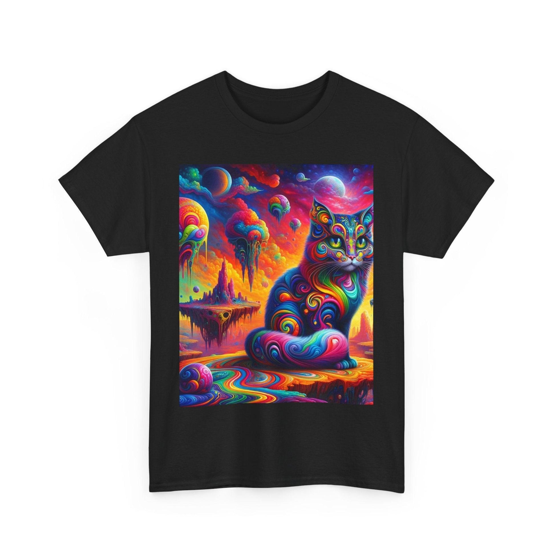 Psychedelic Cat in Surreal Landscape Shirt: A Fusion of Fantasy and Feline Charm - Oceanfront Products