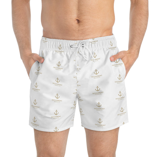 Nautical Anchor Print Swim Trunks – White All-Over Logo Pattern