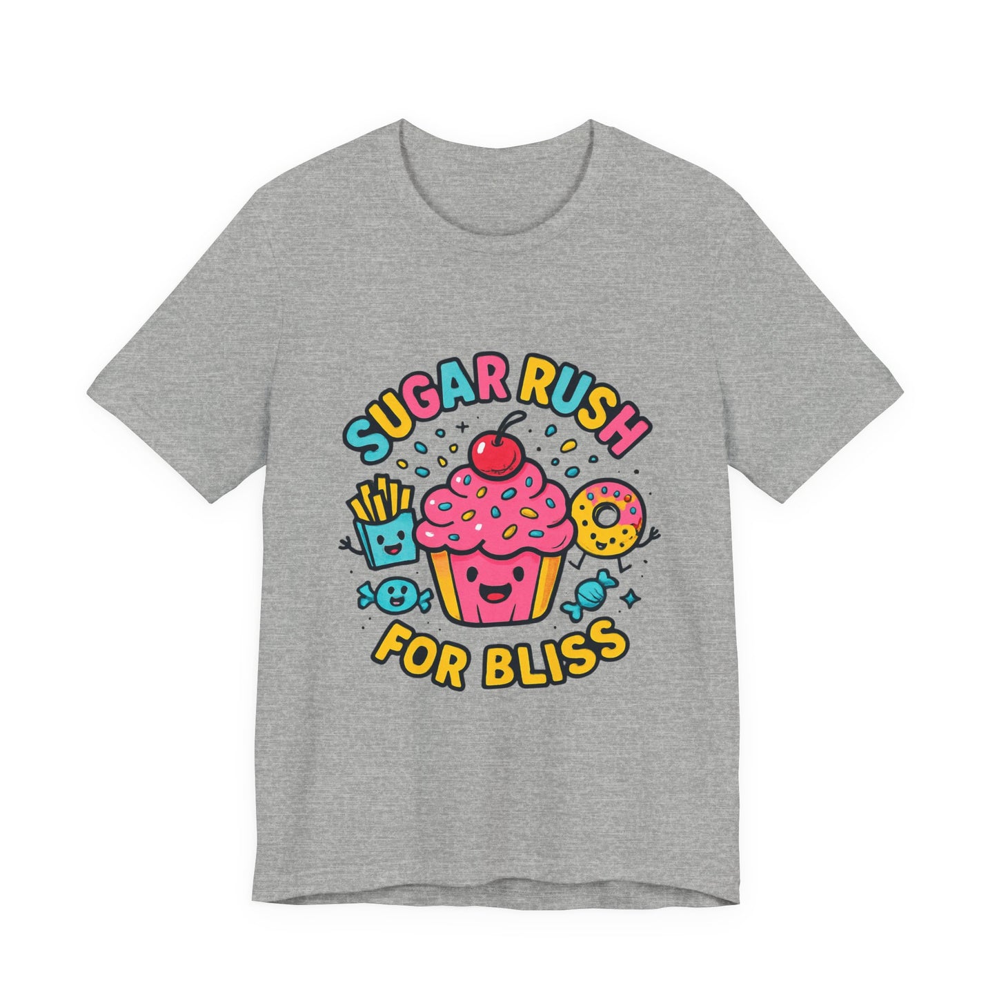 Sugar Rush for Bliss – Cartoon Snack Party Tee | Colorful Cupcake Design | Whimsical Foodie Shirt | Kawaii Vaporwave Candy Aesthetic