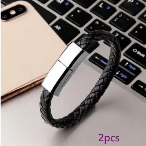 Braided black leather USB charger bracelet with built-in Phone Micro Cable for Phones