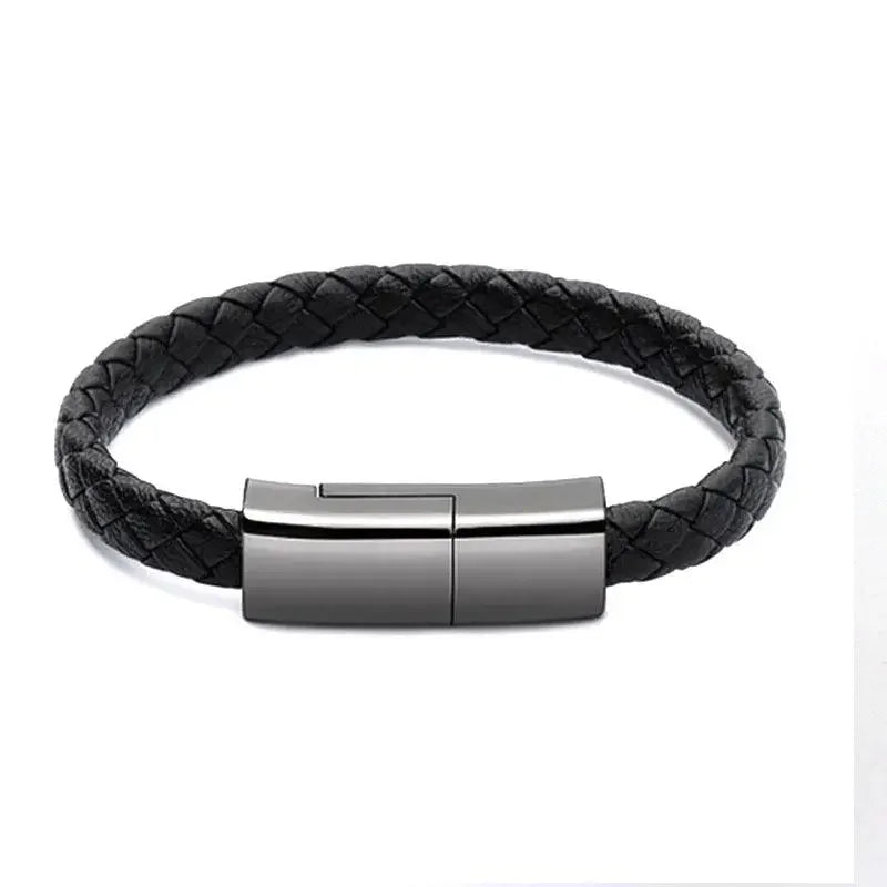 Braided black leather bracelet with metal clasp and built-in USB charger for phones