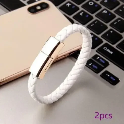 White braided bracelet with gold clasp featuring built-in USB charger for phones and USB C cable