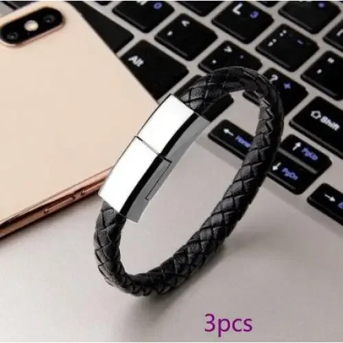 Stylish braided black leather bracelet with built-in USB charger for phones and USB C cable