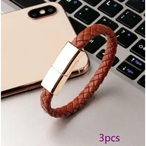 Braided brown leather bracelet charger usb with built-in USB C and Phone Micro Cable