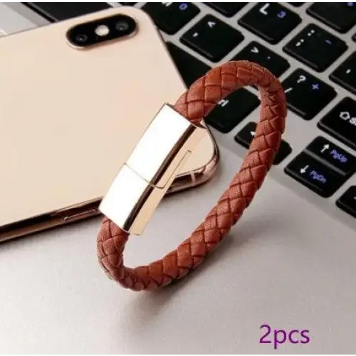 Braided brown leather bracelet charger usb with built-in USB C and Micro Cable for Phones