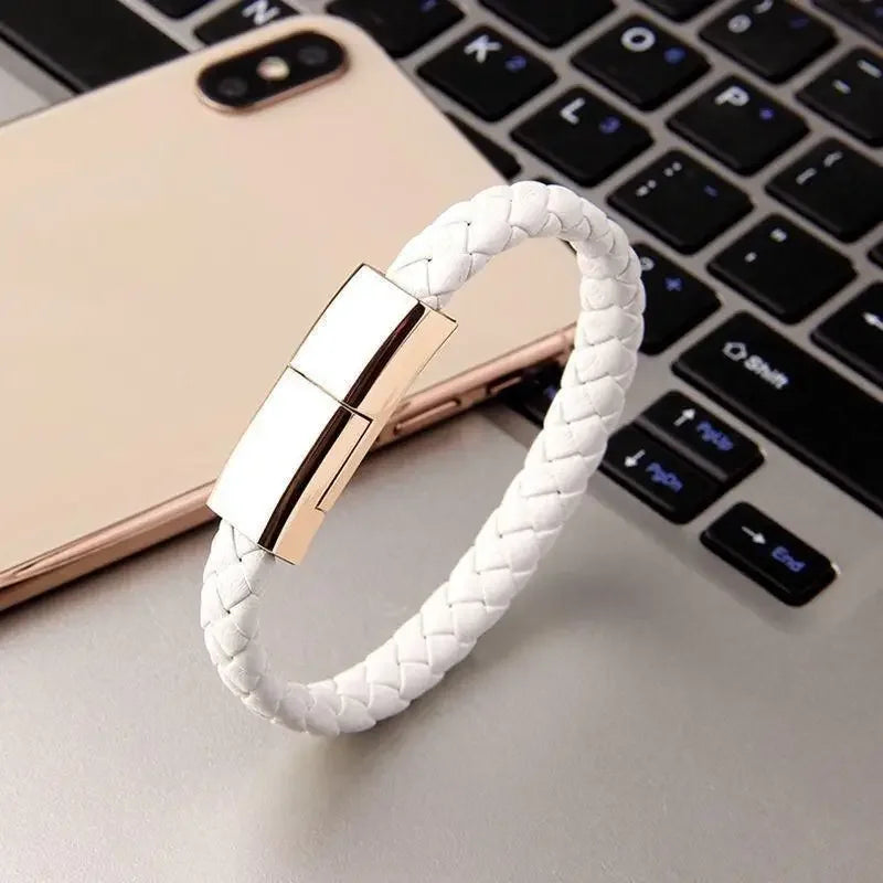 White braided leather bracelet with gold clasp and built-in USB charger for phones