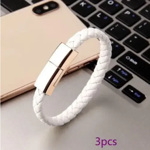 White braided bracelet with gold clasp featuring built-in USB charger for phone micro cable